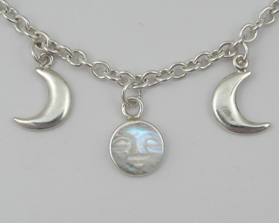 Sterling Silver Carved Moonface Moon Phases Necklace With Carved Rainbow Moonstone Moonface,